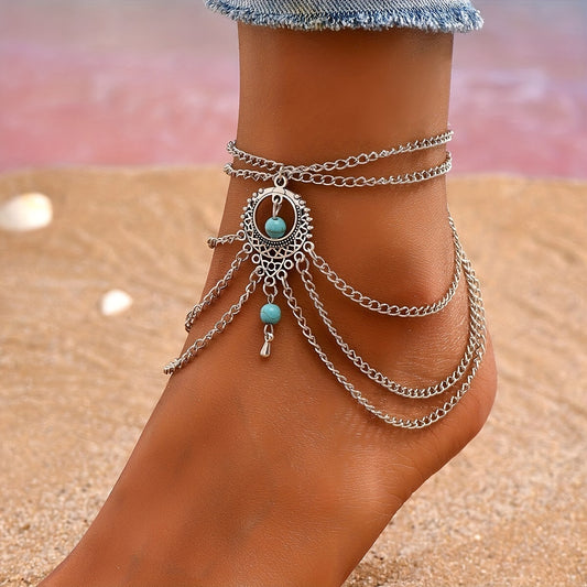 1pc Bohemian Vintage Silver Plated Layered Chains Anklet With Turquoise Round Ball Pendant, Hollow Out Elegant Foot Jewelry For Women, Fashionable Accessory For Summer Vacation, Beach Party, Music Festivals