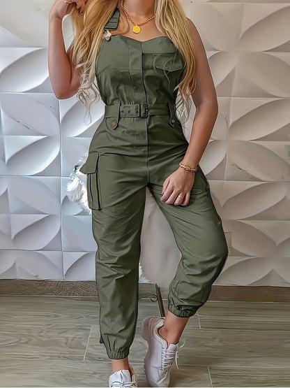 Solid Hue Flap Pocket Jumpsuit - Relaxed Belted Style with Buckle Detail - Fashionable Womens Casual Overall for Everyday Chic