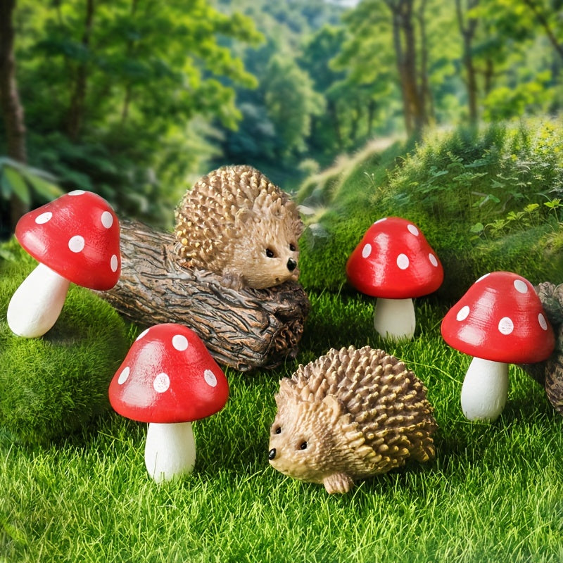 6pcs Fairy Outdoor Garden Animals Figurines, Garden Accessories Resin Hedgehogs And Wood Mushroom Miniature Garden For Plant Pots Craft Decor, Halloween/Thanksgiving Day/Christmas Gift Easter Gift