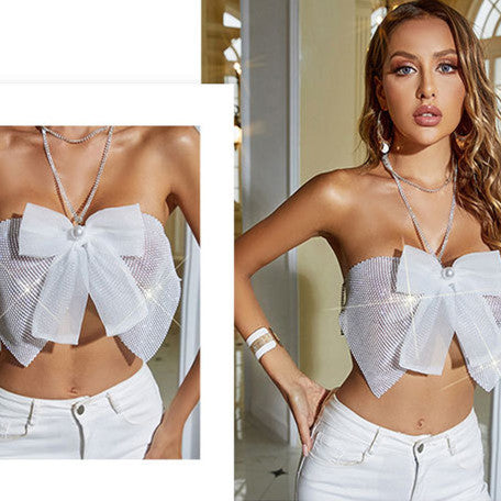 Rhinestone Halter Tube Top Fishnet Sling