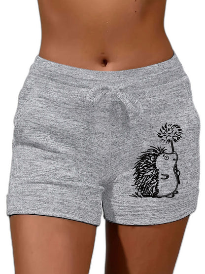 Hedgehog Print Drawstring Shorts, Casual Shorts, Women's Clothing