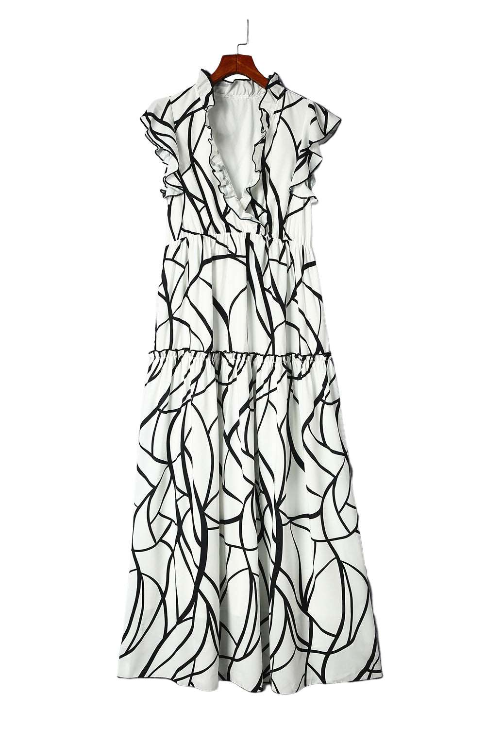 White Abstract Vein Print V Neck Ruffle Maxi Dress