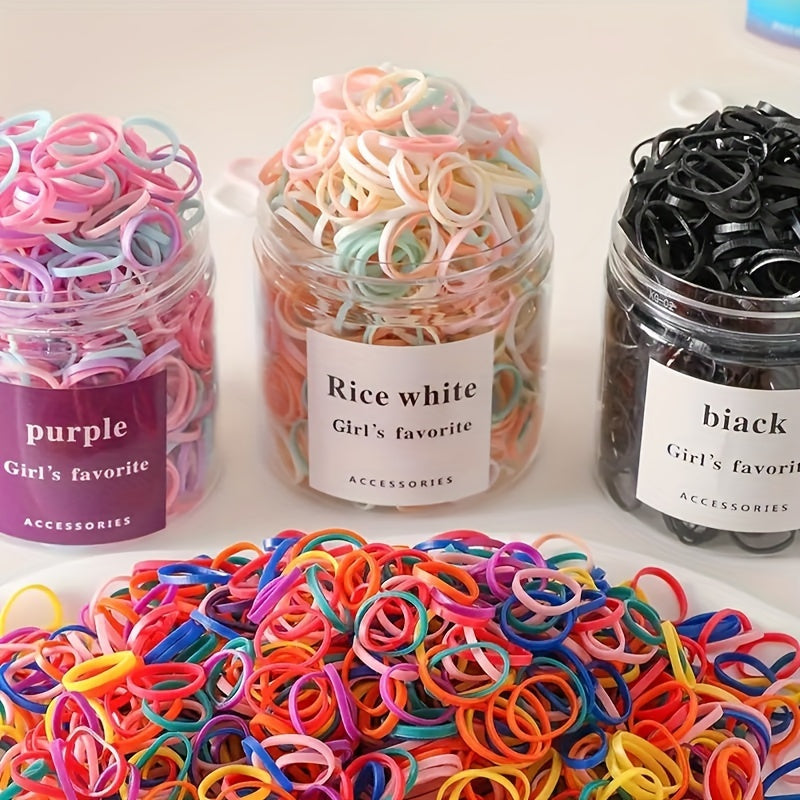 1000pcs Colorful Disposable Rubber Bands Set - Sweet & Simple Hair Styling Essentials for Women, Casual Leisure Use - Includes Rice White, Purple, Black Containers with "Girls' Favorite" Labels, Rubber Bands for Hair