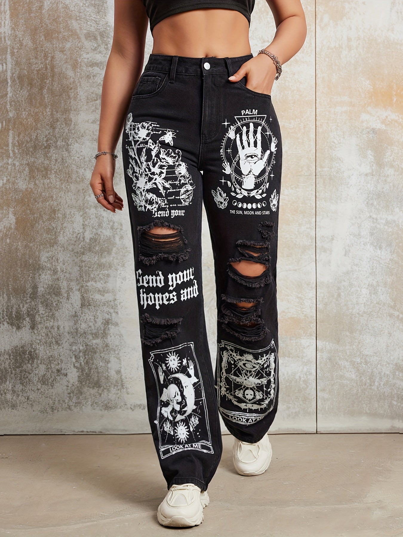 Y2K High Waist Straight Leg Pants with Fun Cartoon Prints