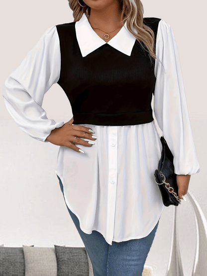 Plus Size Colorblock Polo Collar Blouse