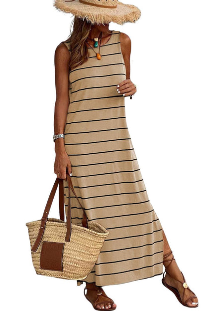 Khaki Stripe Print Open Back Sleeveless Maxi Dress with Slits