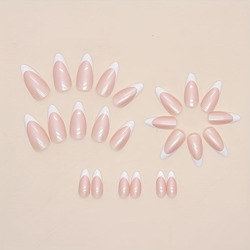 24pcs/set White French Tip Press On Nails Medium Almond Aurora Fake Nails Simple Style Acrylic False Nails Glue On Nails For Women And Girls