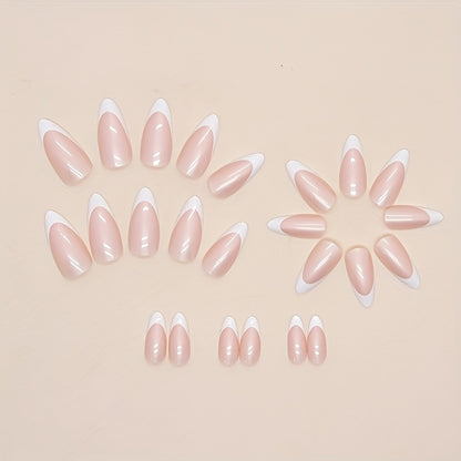 24pcs/set White French Tip Press On Nails Medium Almond Aurora Fake Nails Simple Style Acrylic False Nails Glue On Nails For Women And Girls