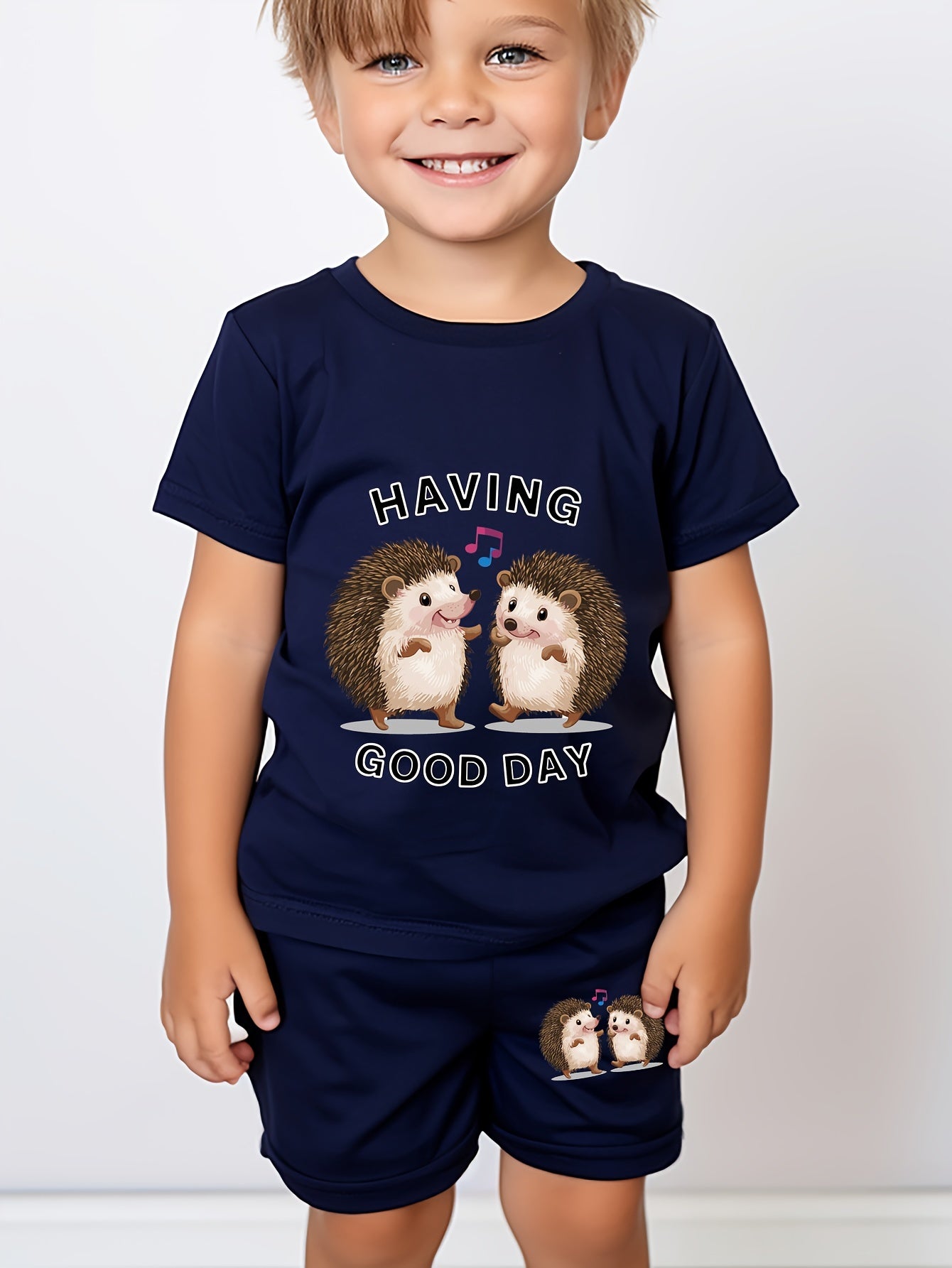 2pcs - Casual Comfy Cute Boys' Summer Set - Letters & Cute Hedgehog Print Short Sleeve Crew Neck T-shirt + Shorts Set Trendy Gift