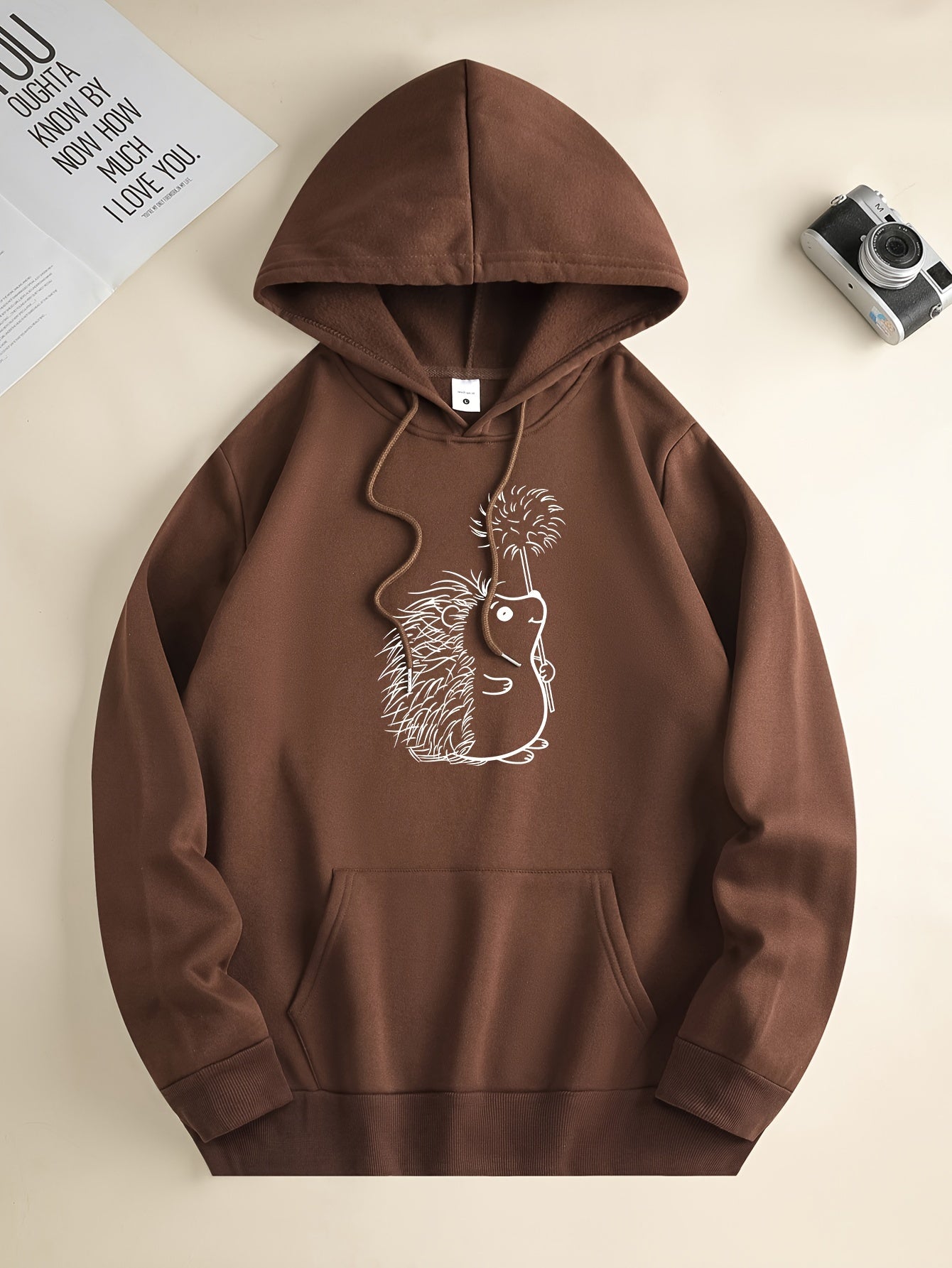 Hedgehog Print Hoodies For Men, Graphic Hoodie With Kangaroo Pocket, Comfy Loose Trendy Hooded Pullover, Mens Clothing For Autumn Winter