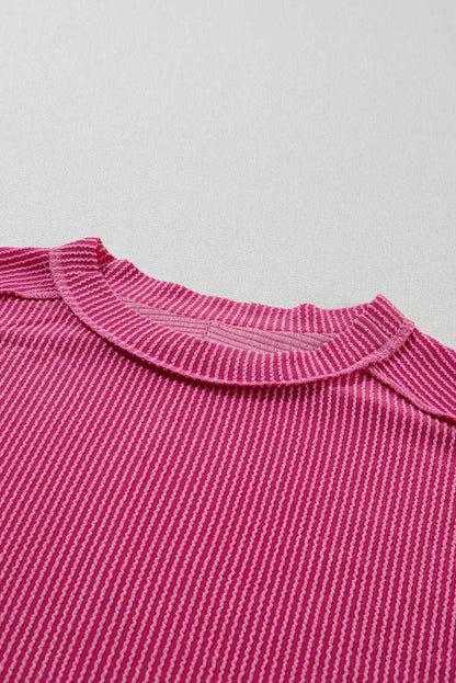 Rose Red Textured Knit Exposed Stitching T-shirt