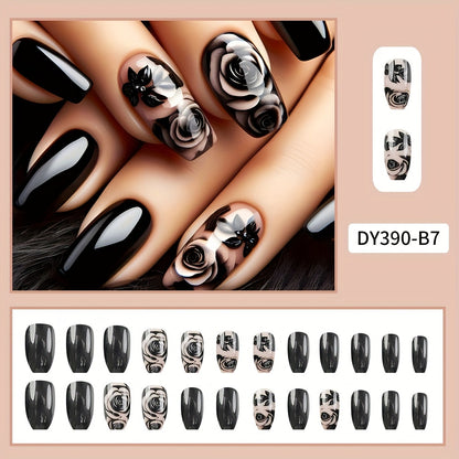 24 Pcs Black Ballet Press-On Nails, Short Glossy Flower Pattern Fake Nail Set, Elegant French Style Reusable Manicure Tips