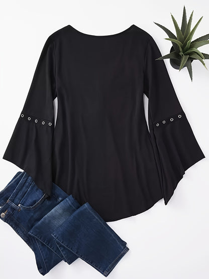 Plus Size Grommet Eyelet Lace Up Top, Casual V Neck 3/4 Sleeve Top, Women's Plus Size Clothing