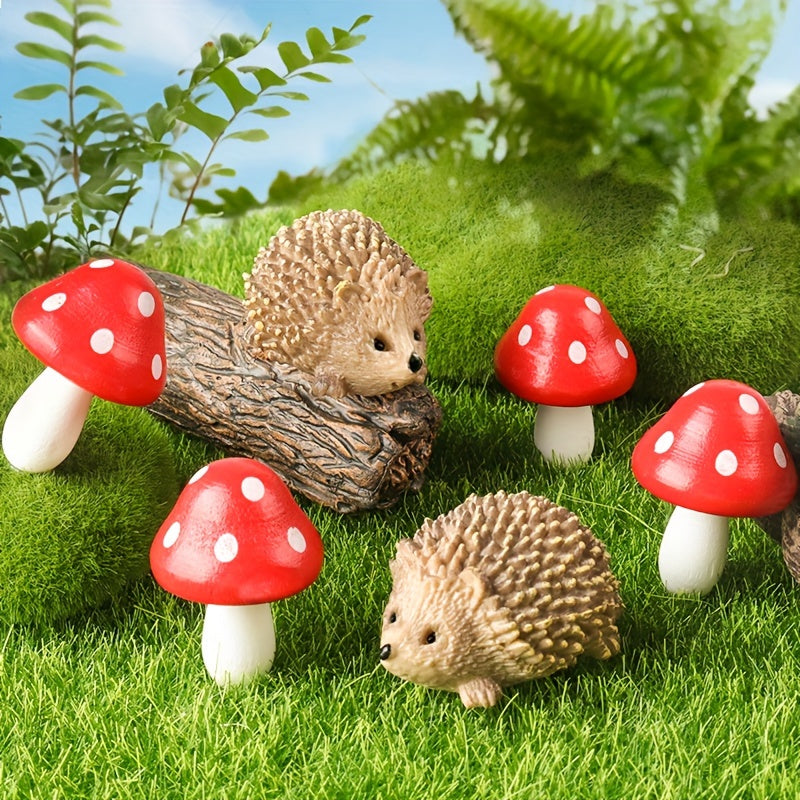 6pcs Fairy Outdoor Garden Animals Figurines, Garden Accessories Resin Hedgehogs And Wood Mushroom Miniature Garden For Plant Pots Craft Decor, Halloween/Thanksgiving Day/Christmas Gift Easter Gift