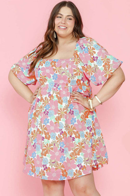 Multicolour Floral Puff Sleeve Square Neck Plus Babydoll Dress