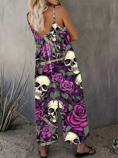 Plus Size Skull & Floral Print Jumpsuit, Casual Pocket Sleeveless Cami Jumpsuit For Spring & Summer, Women's Plus Size Clothing