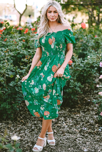 Green Floral Print Bubble Sleeve Smocked Tiered Midi Dress