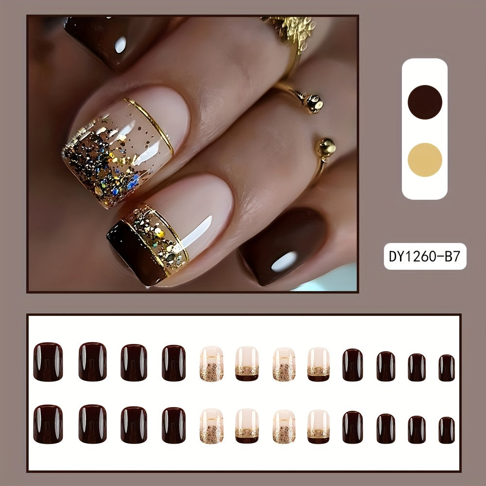 24pcs Set Glossy Short Square Press-On Nails In Brown & Golden Stripe Design - Chic Glitter Fake Nails For A Quick, Easy Manicure Nail Polish Nail Accessories