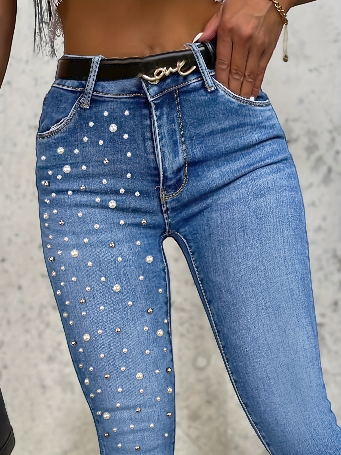 Blue Faux Pearl Decor Skinny Jeans, Studded Slim Fit Slight Stretch Tight Jeans, Women's Denim Jeans & Clothing