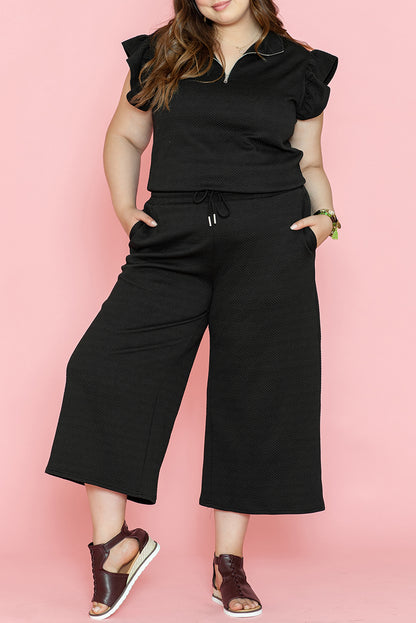 Black Plus Ruffled Sleeve Quarter Zip Top Wide Leg Pants Set