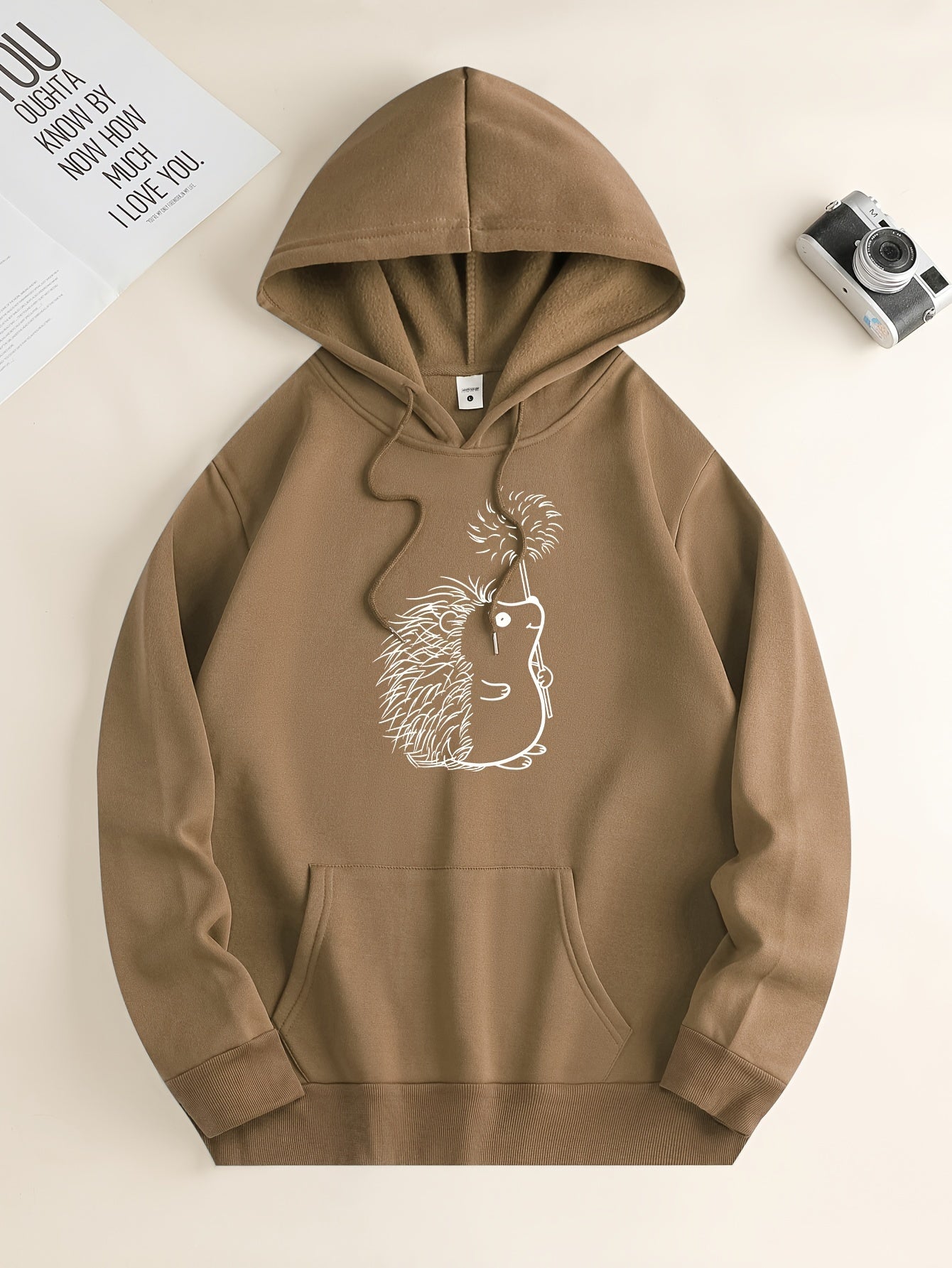 Hedgehog Print Hoodies For Men, Graphic Hoodie With Kangaroo Pocket, Comfy Loose Trendy Hooded Pullover, Mens Clothing For Autumn Winter