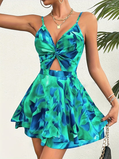 Allover Print Cut Out Romper Jumpsuit, Elegant Twist V Neck Spaghetti Strap Backless Sleeveless Romper Jumpsuit For Summer & Spring, Women's Clothing